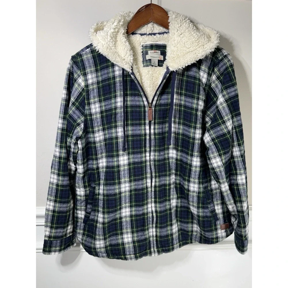 L.L. Bean Scotch Plaid Flannel Hoodie Womens Large Sherpa Fleece Lined Zip Shirt - Picture 1 of 11